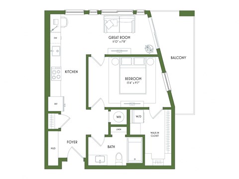 Floor plan for 1 bed, 1 bath, 680 sqft